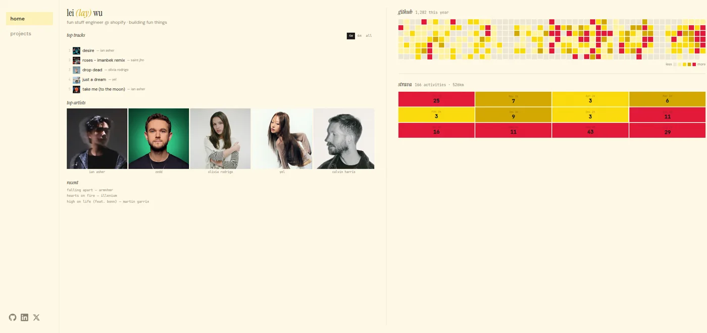 a cream dashboard with spotify top tracks and artists on the left, github heatmap and strava grid on the right