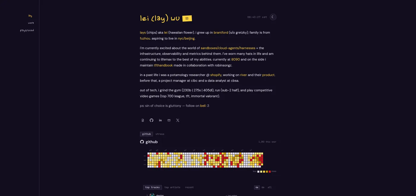 v3.0.0: a single centered column of lowercase text with a handwritten title, yellow links, and tabbed activity widgets