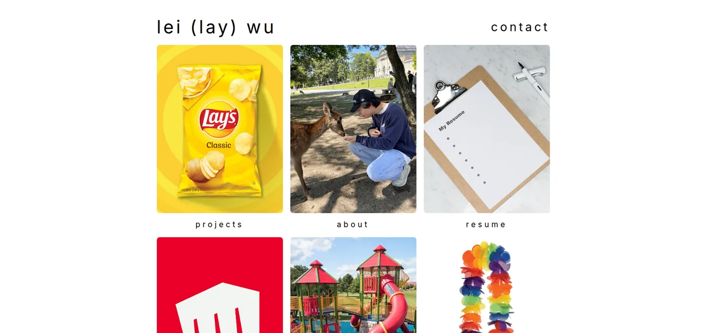 the original site: a white page with a photo grid, a lay's chips bag for projects, a deer for about, a clipboard for resume