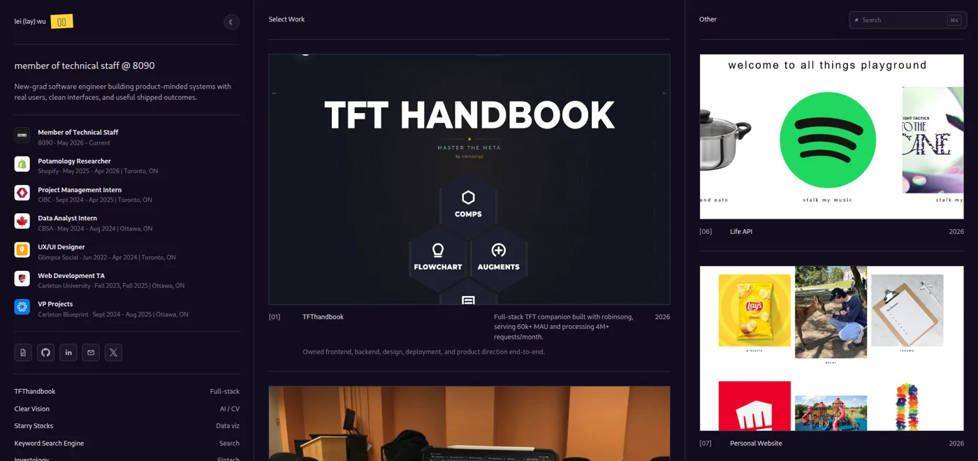 a dark three-column portfolio with an experience timeline, a select work showcase, and a playground column