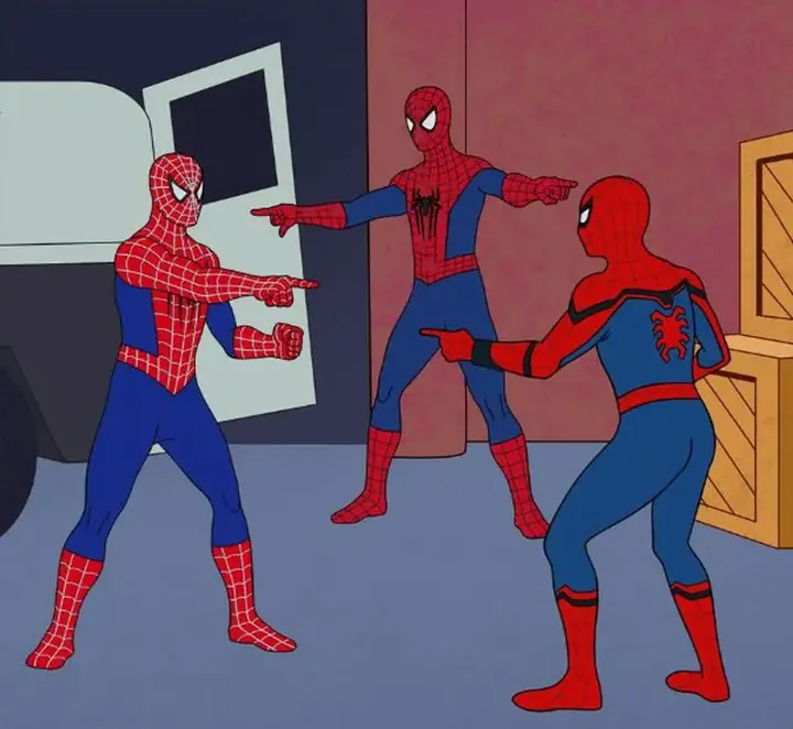 three versions of spider-man pointing at each other