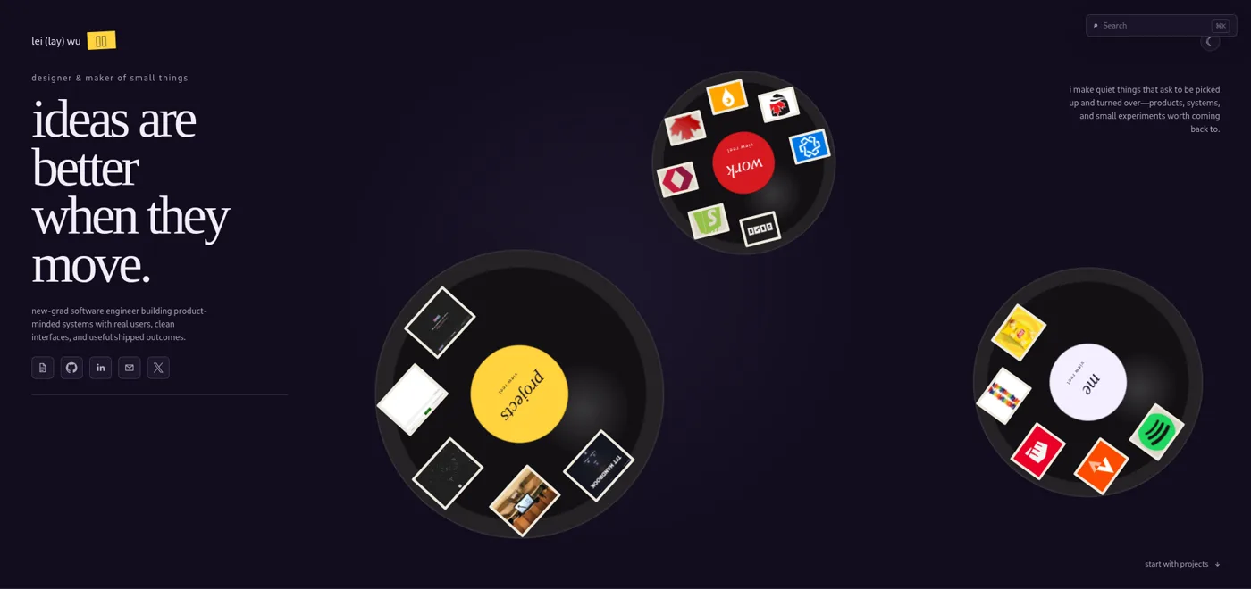 a dark purple homepage with a giant serif hero reading 'ideas are better when they move.' and three spinning records